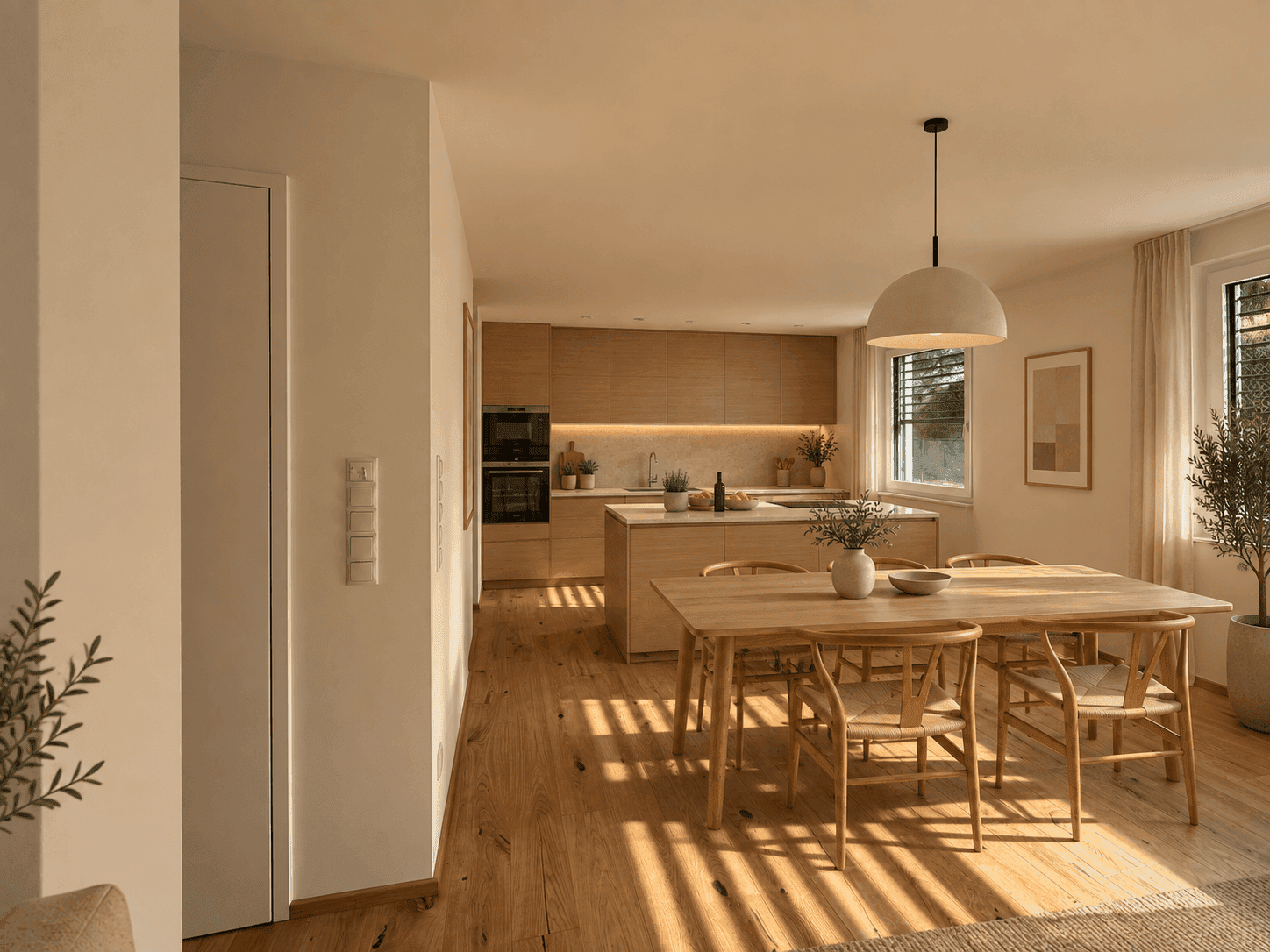 Moderne offene Küche mit Holzelementen und Essbereich, lichtdurchflutet durch große Fenster.