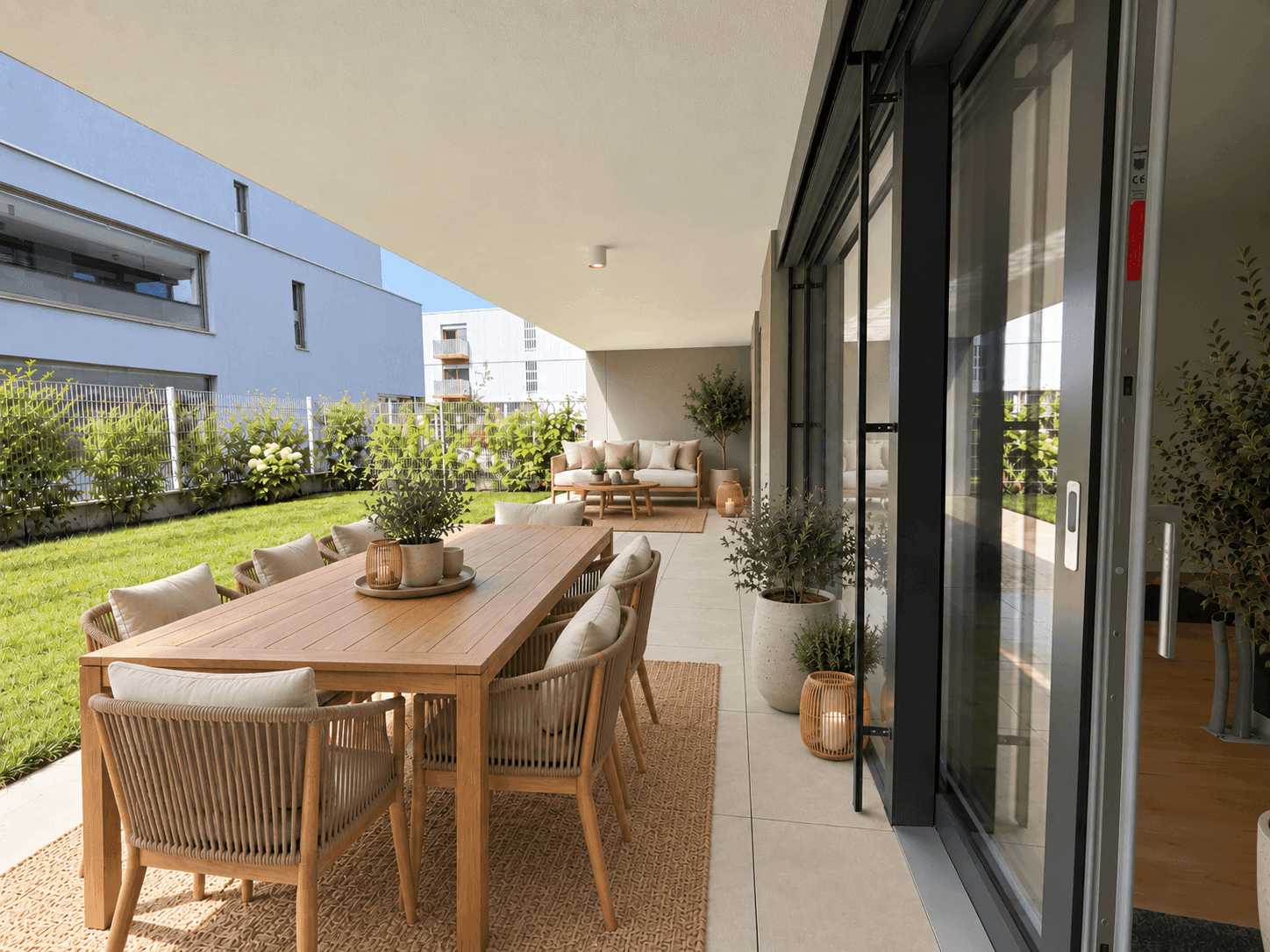 Möblierte Terrasse mit Essbereich und Lounge-Möbeln, umgeben von Grünflächen und Pflanzen.
