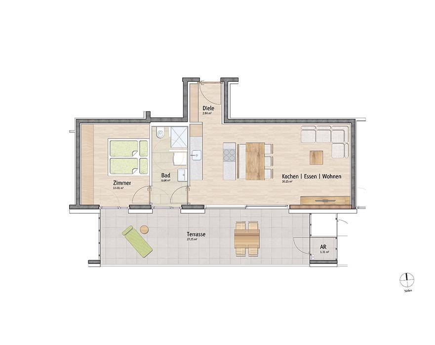 Grundriss einer Wohnung mit offenem Wohnbereich, Schlafzimmer, Bad und großer Terrasse.