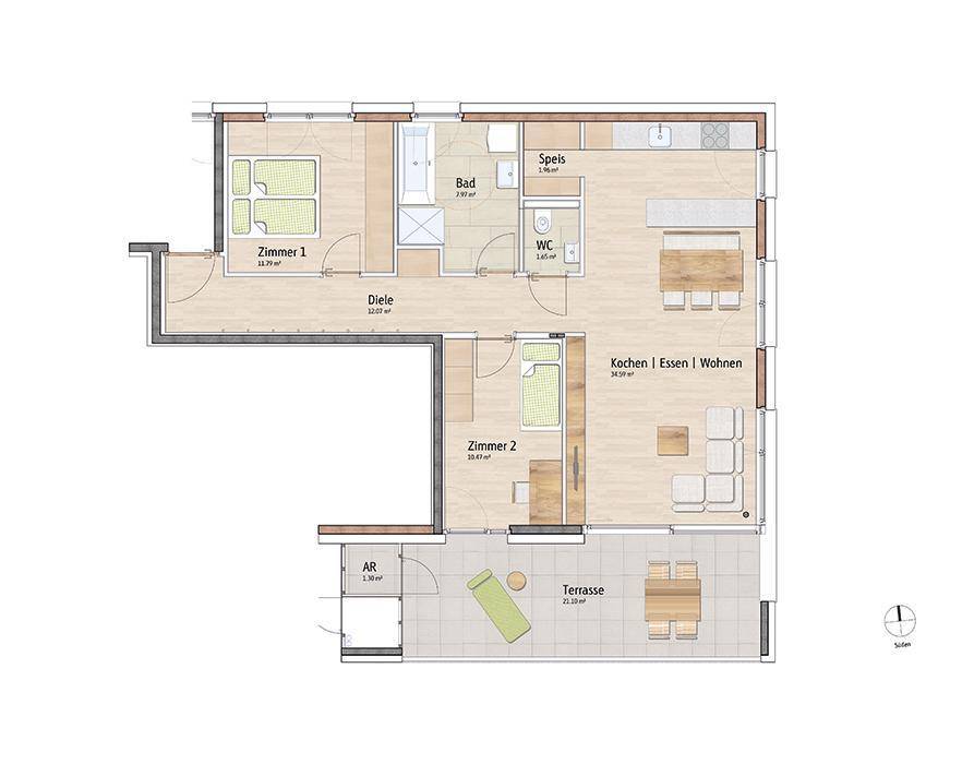 Grundriss einer Wohnung mit zwei Schlafzimmern, offenem Wohnbereich und Terrasse.