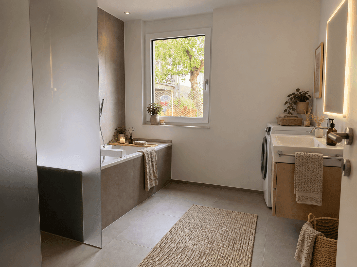 Modernes Badezimmer mit Badewanne, Waschbecken, Waschmaschine und Fenster.