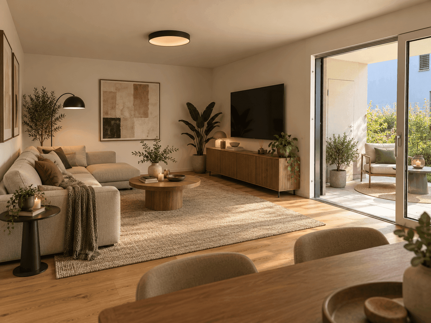Gemütlicher Wohn- und Essbereich mit Holzboden, modernen Möbeln und Zugang zur Terrasse.