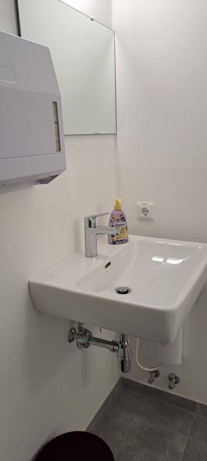 Modernes Waschbecken in einer Toilette mit Spiegel und Seifenspender an der weißen Wand.