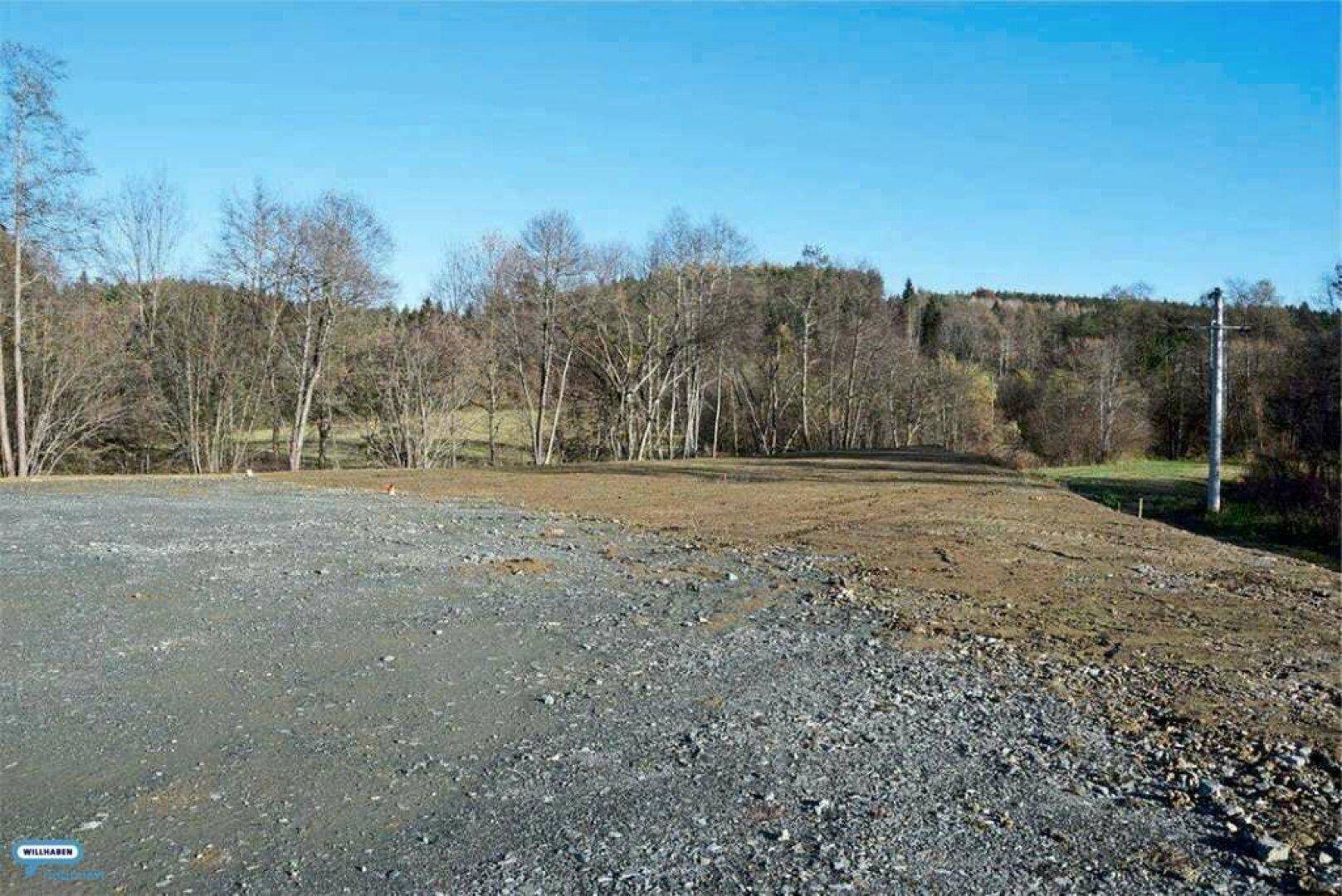 Eine weitläufige, ungenutzte Fläche mit Schotter und Erde, umgeben von kahlen Bäumen und Natur unter blauem Himmel.