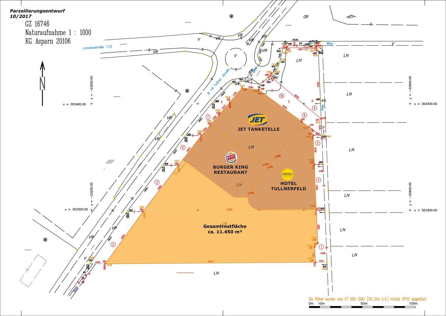 Parzellierungsentwurf mit hervorgehobener Gesamtfläche von ca. 11.450 m² für zukünftige Bebauung und Infrastruktur.