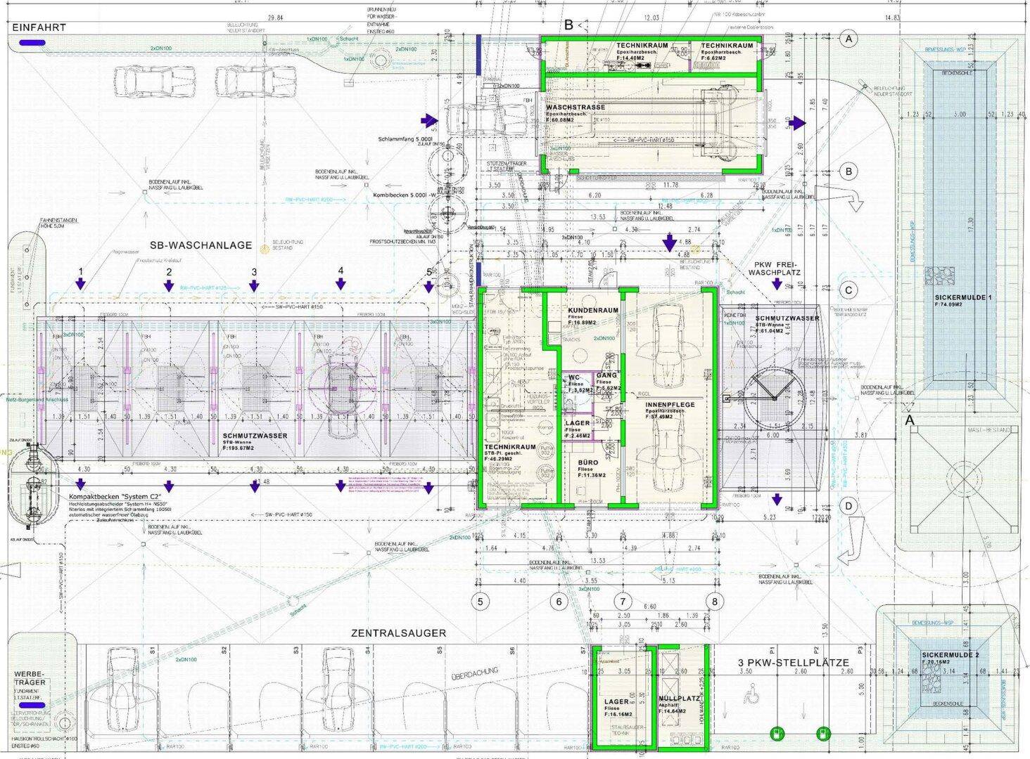 Detaillierter Grundriss der Autowaschanlage mit Büros, Kundenbereich, Technikräumen und Waschstraßen.