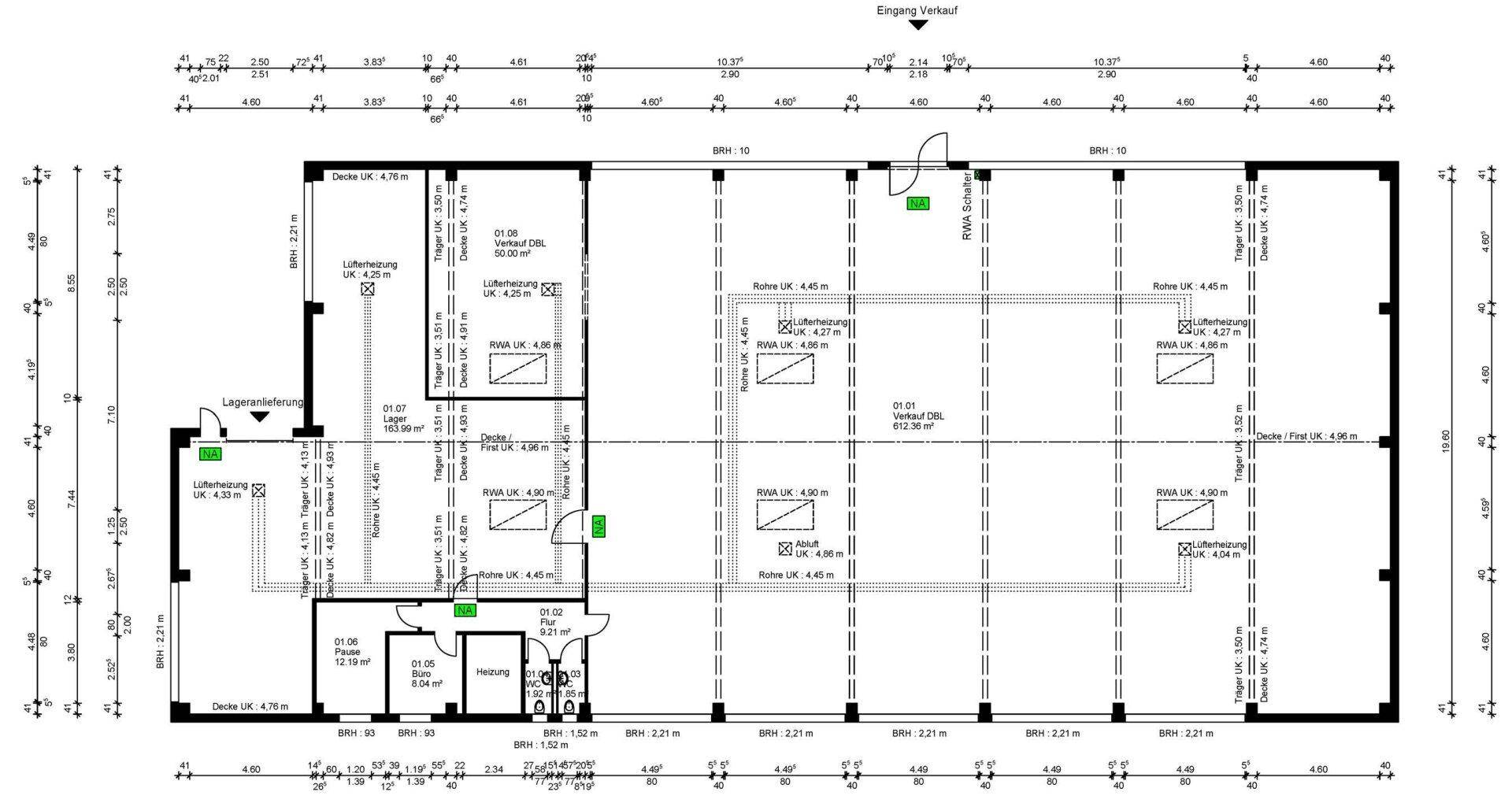 Detaillierter Grundriss eines Gewerbeobjekts mit Verkaufsfläche, Lager, Büro und Sanitäranlagen.
