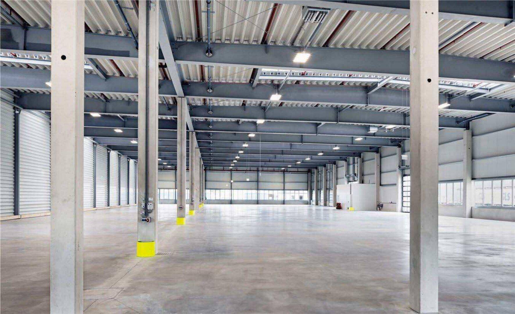Große, helle Lagerhalle mit Betonboden, hohen Decken und einer robusten Stahlskelettkonstruktion.