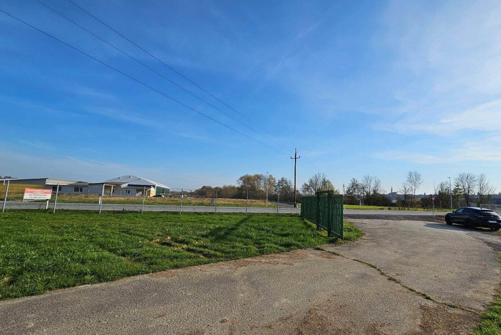 Blick auf eine grüne Wiese neben einer Straße mit einem Zaun und einem Fahrzeug im Vordergrund.