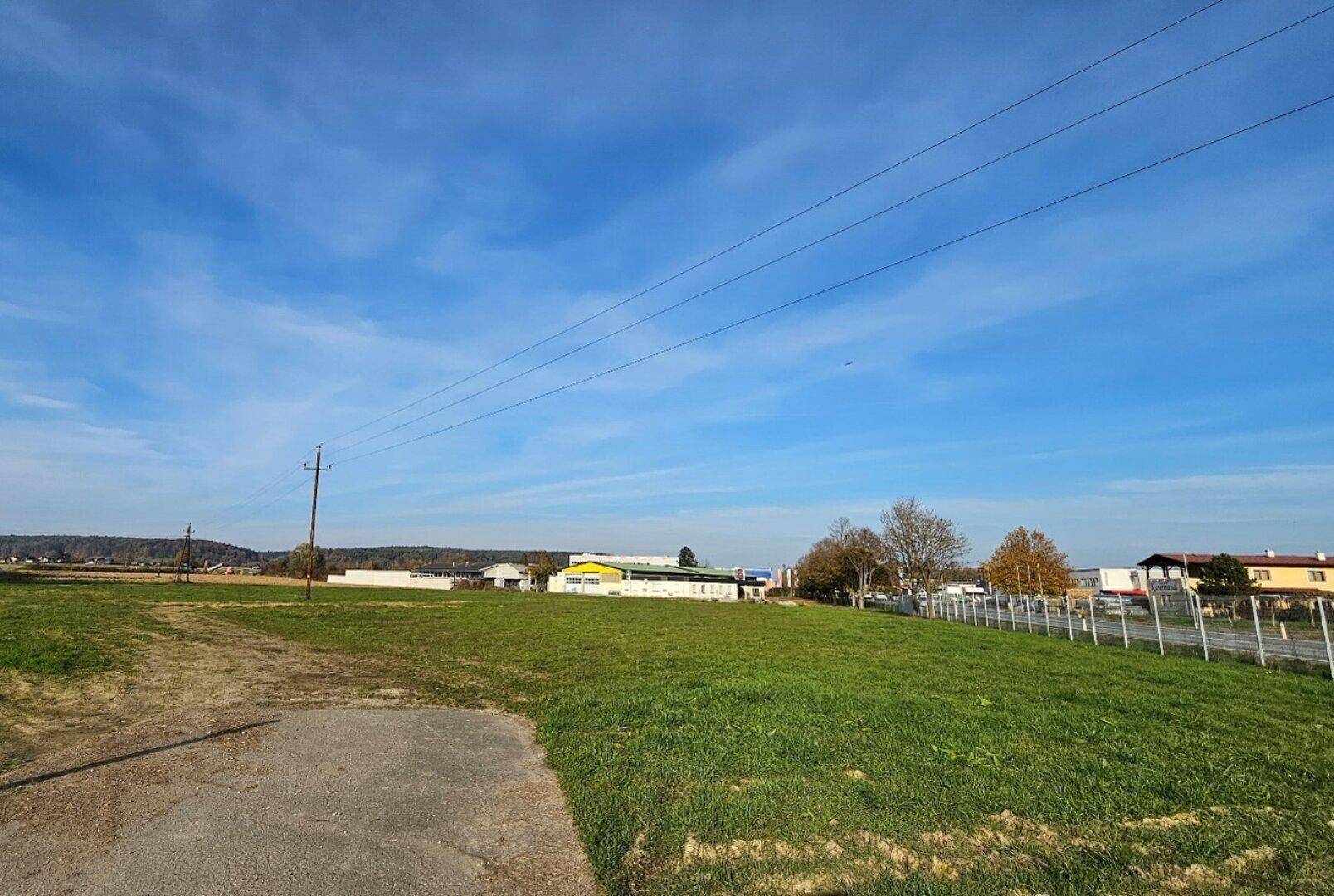 Blick über ein weites Feld mit einem Feldweg, Stromleitungen und Gebäuden am Horizont unter blauem Himmel.