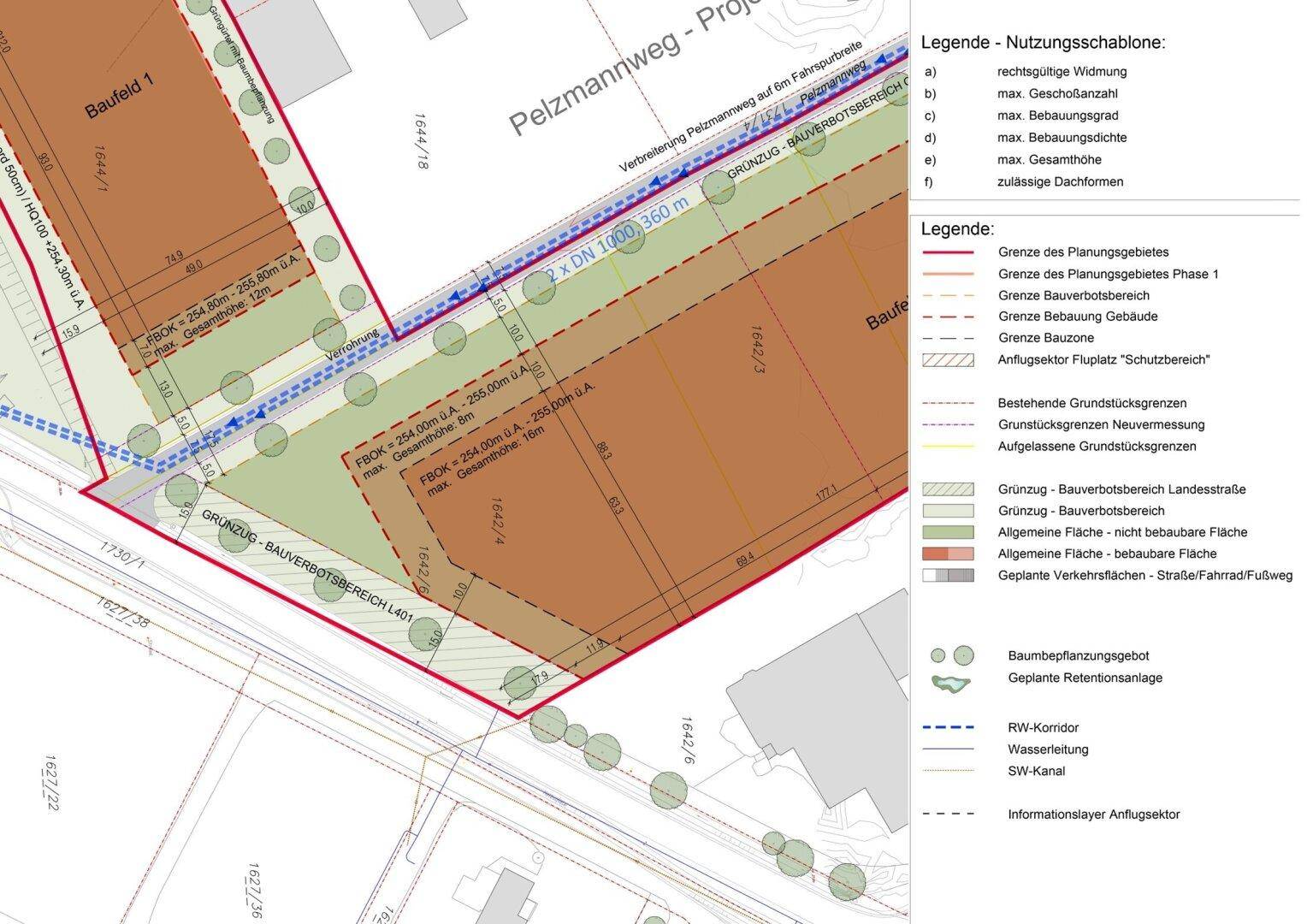 Detaillierter Bebauungsplan mit Grundstücksgrenzen, Straßen und Infrastrukturleitungen sowie einer Legende.