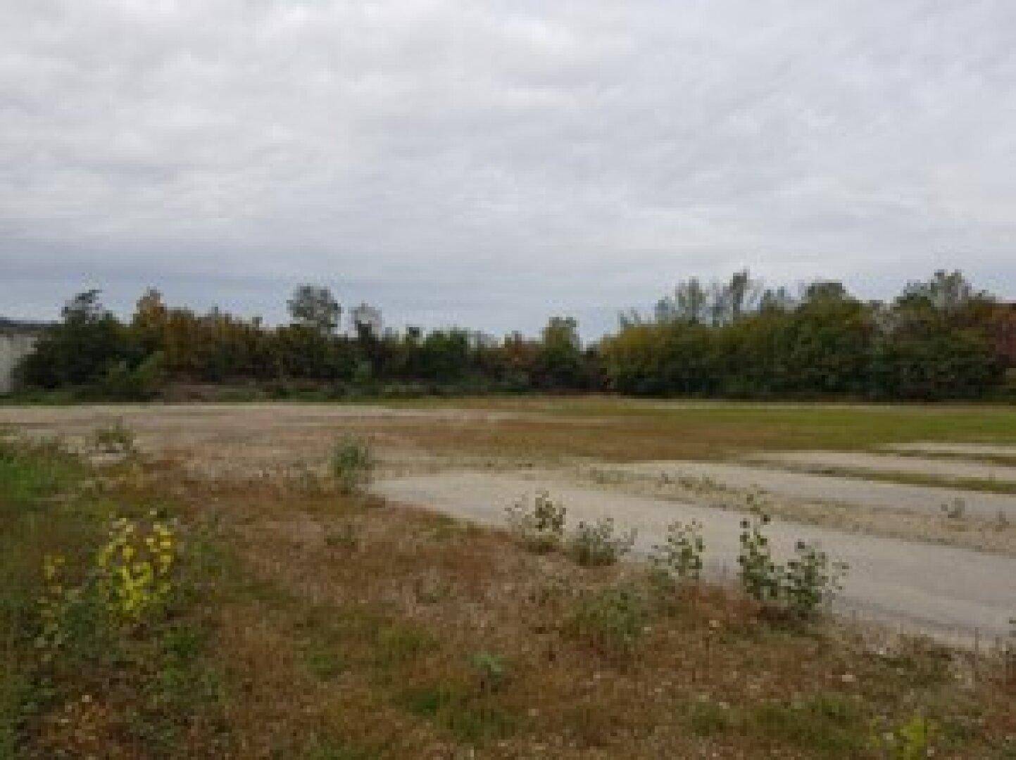 Weitläufiges, unbebautes Grundstück unter bewölktem Himmel mit vereinzelter Vegetation und Bäumen im Hintergrund.
