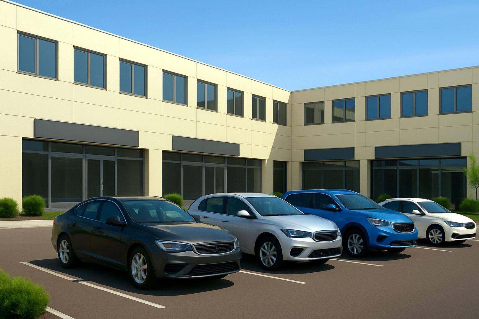 Moderne Geschäftsfassade mit großen Fenstern und einem Parkplatz voller Autos unter blauem Himmel.