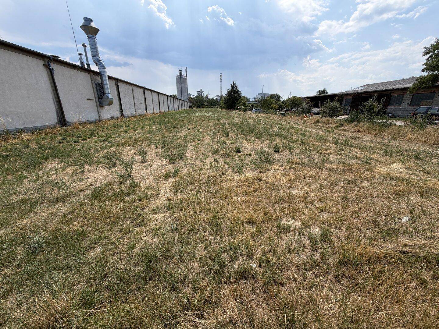 Bodennahe Ansicht eines weitläufigen, unbebauten Grundstücks mit Industriegebäuden im Hintergrund.