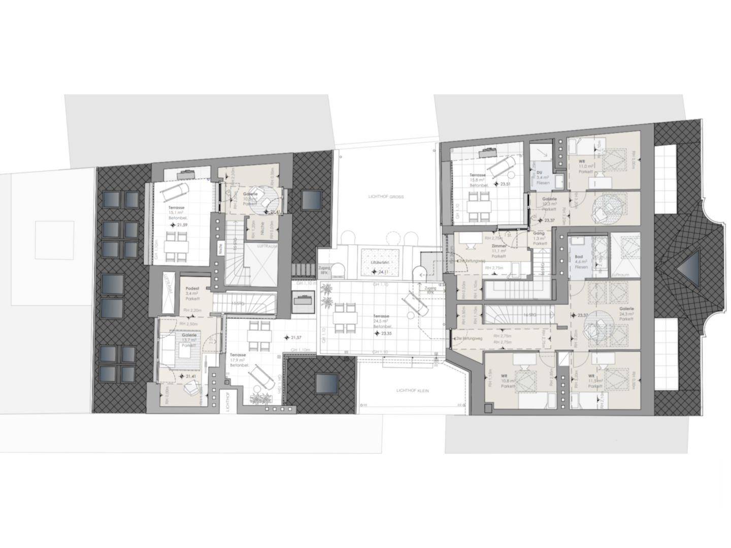 Grundriss einer weiteren Etage mit verschiedenen Wohnbereichen und Dachschrägen.