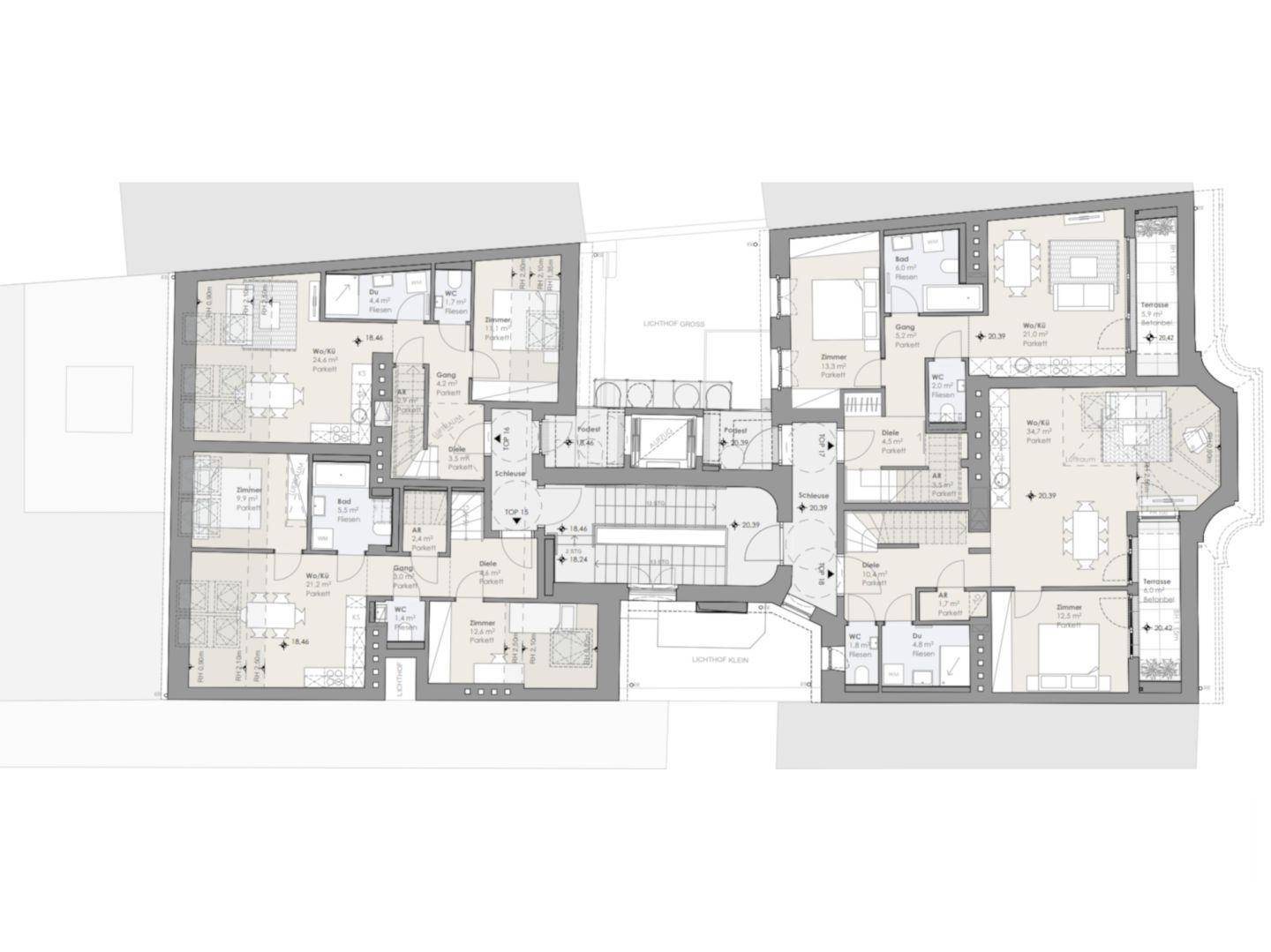 Detaillierter Grundriss einer Etage mit mehreren Wohneinheiten und Terrassen.