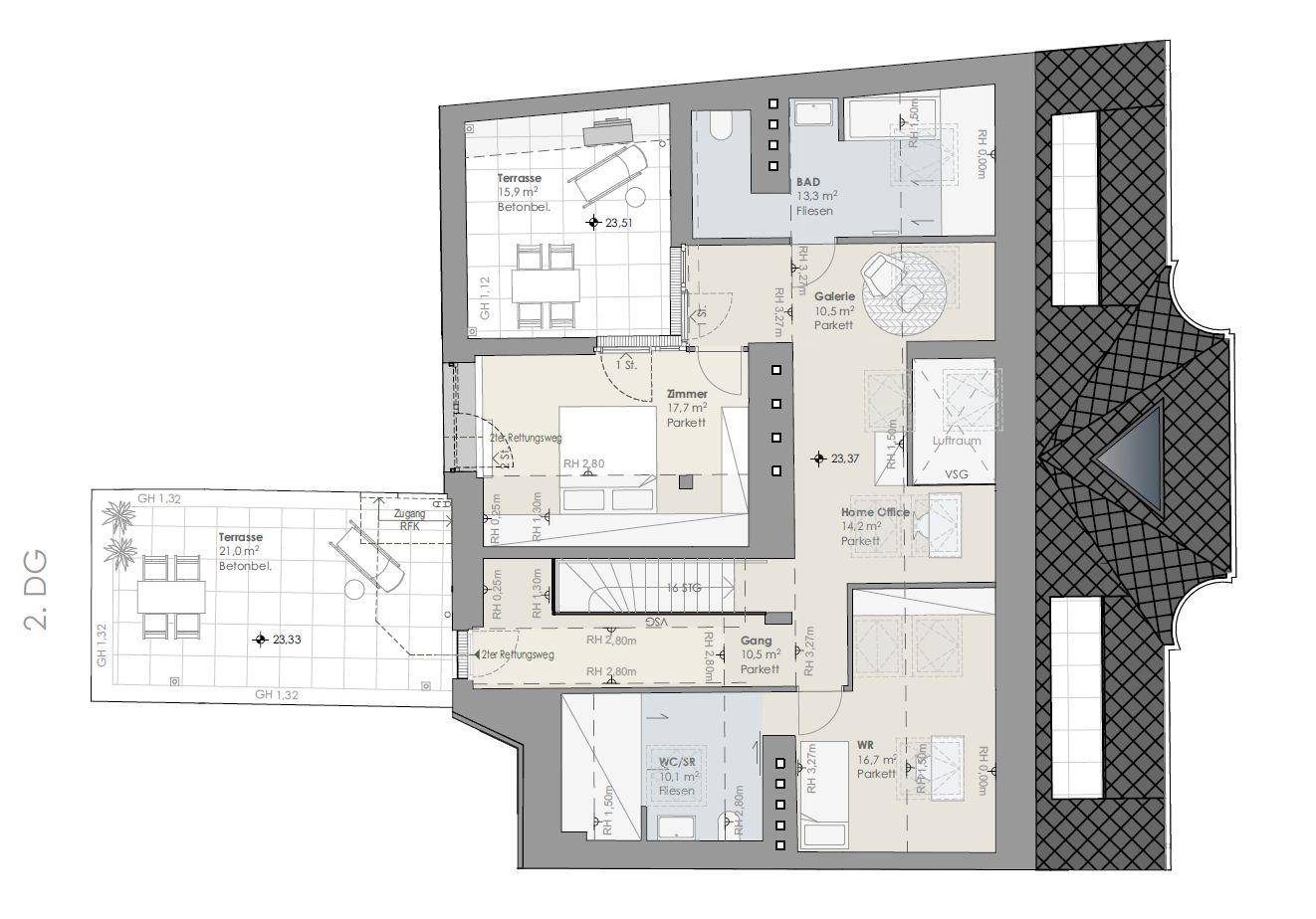 Grundriss des zweiten Dachgeschosses mit Zimmern, Galerie, Home Office und Terrassen.