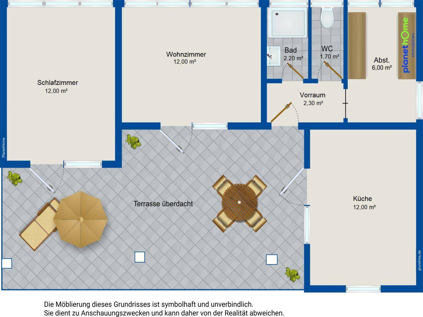 Grundriss einer Wohnung mit Schlafzimmer, Wohnzimmer, Küche, Bad, separatem WC und überdachter Terrasse.