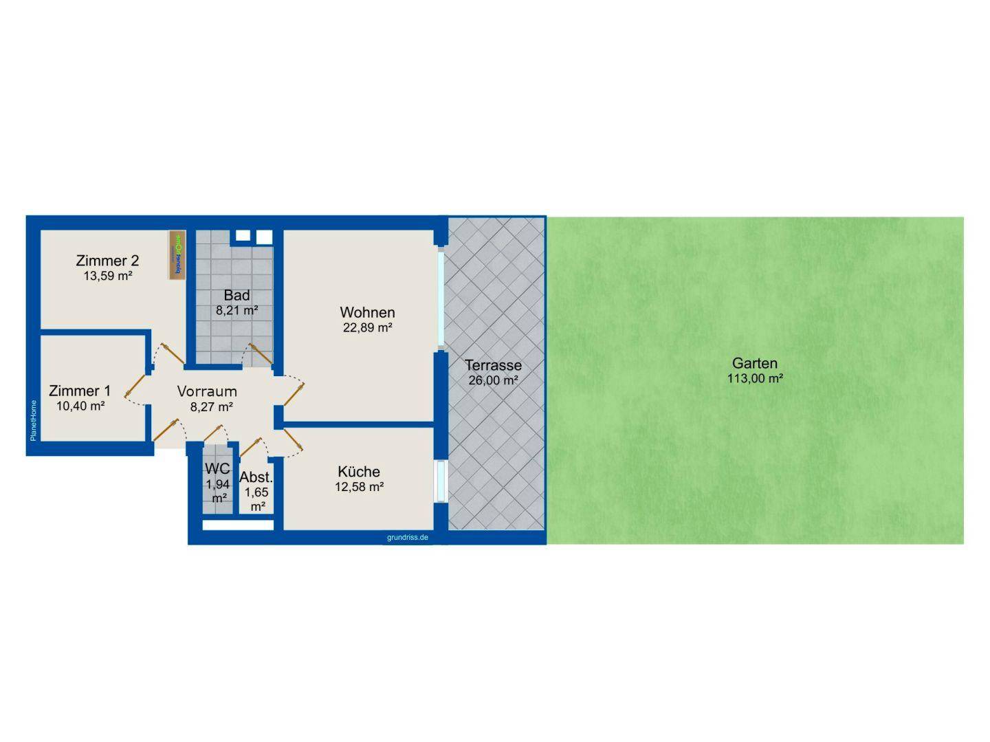 Grundriss einer Wohnung mit zwei Zimmern, Bad, WC, Terrasse und Garten.