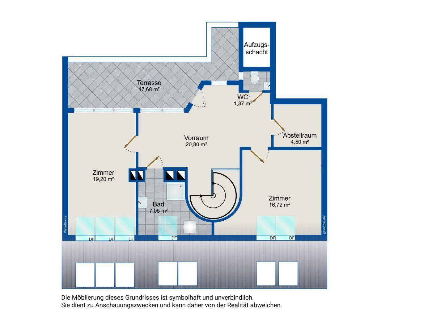 Grundriss mit Terrasse, zwei Zimmern, Bad, WC und Abstellraum.