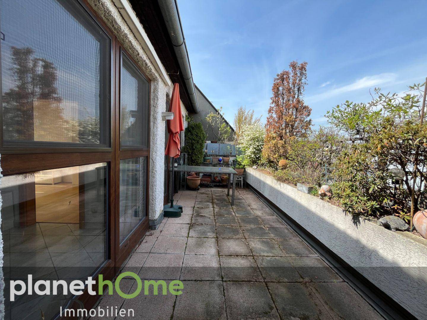 Weitläufige Terrasse mit Steinplatten, Pflanzenkübeln und Zugang zu den Innenräumen.