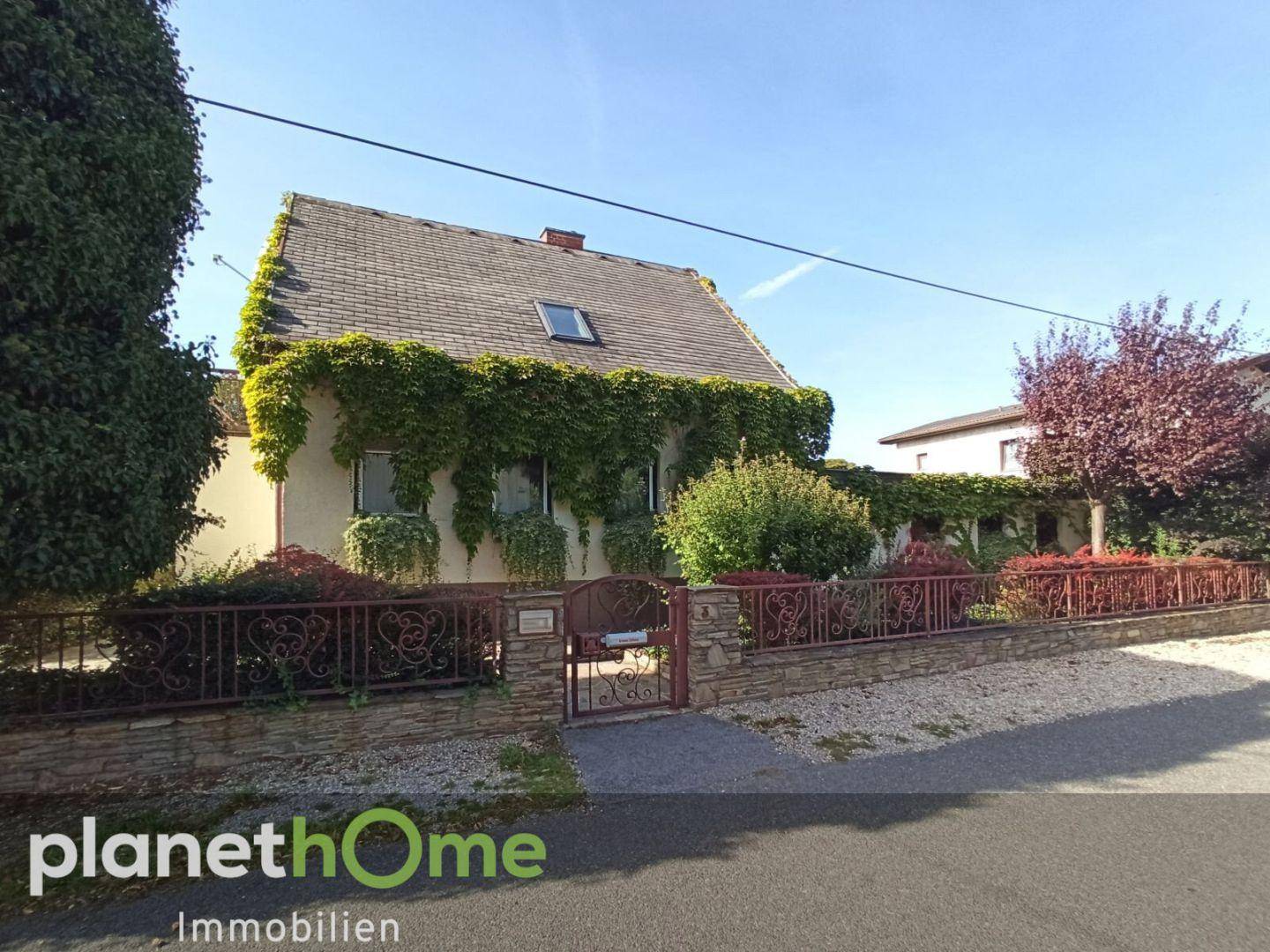 Hausansicht von der Straße mit bewachsenem Dach und schmiedeeisernem Zaun.