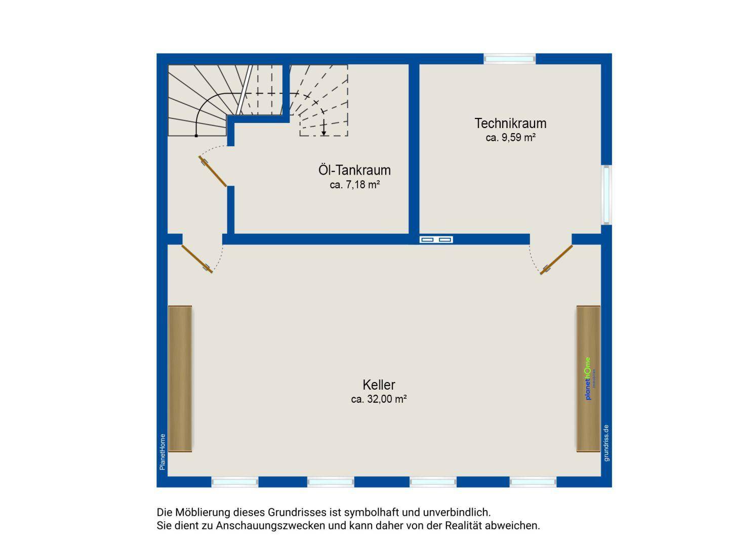 Grundriss des Untergeschosses mit großem Kellerraum, Technikraum und Öltankraum.
