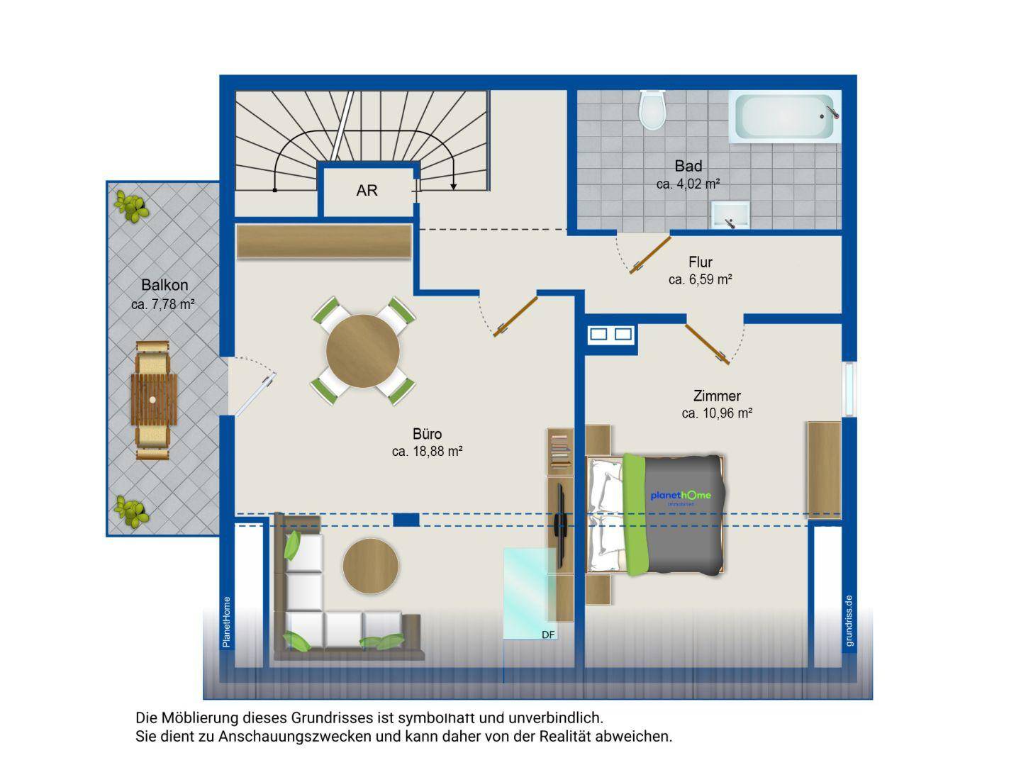 Grundriss des Obergeschosses mit Schlafzimmer, Büro, Bad und Balkon.