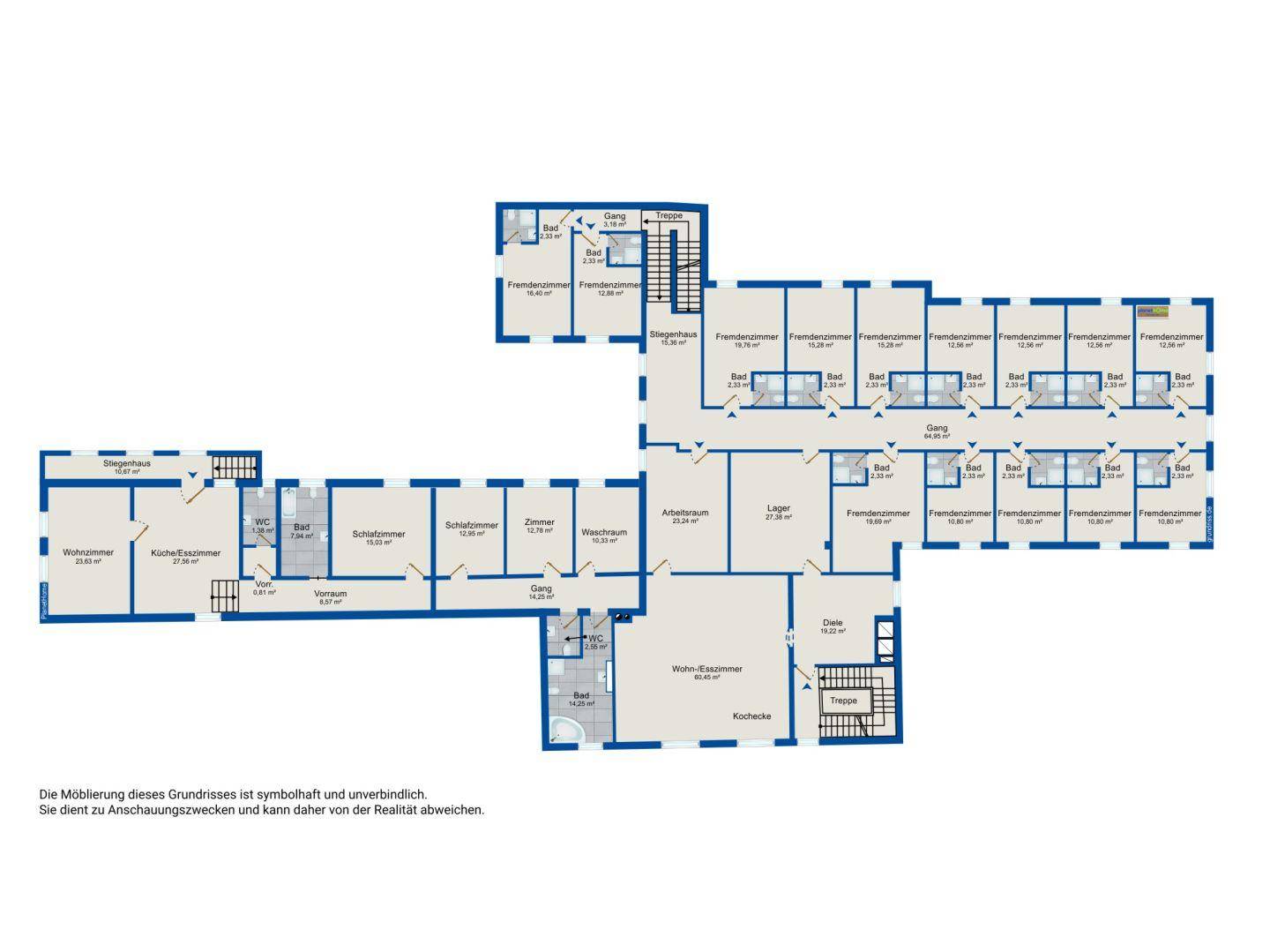 Grundriss des Obergeschosses mit vielen Fremdenzimmern, Bädern und einem Wohn-Esszimmer.