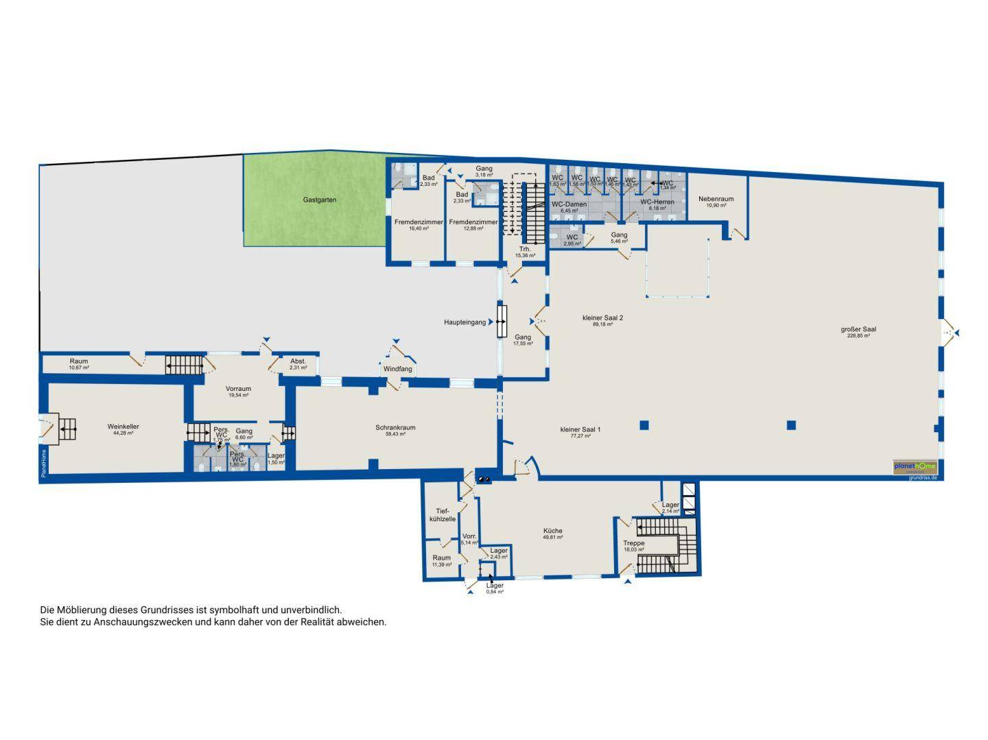 Grundriss des Erdgeschosses mit großem Saal, Fremdenzimmern und Gastgarten.