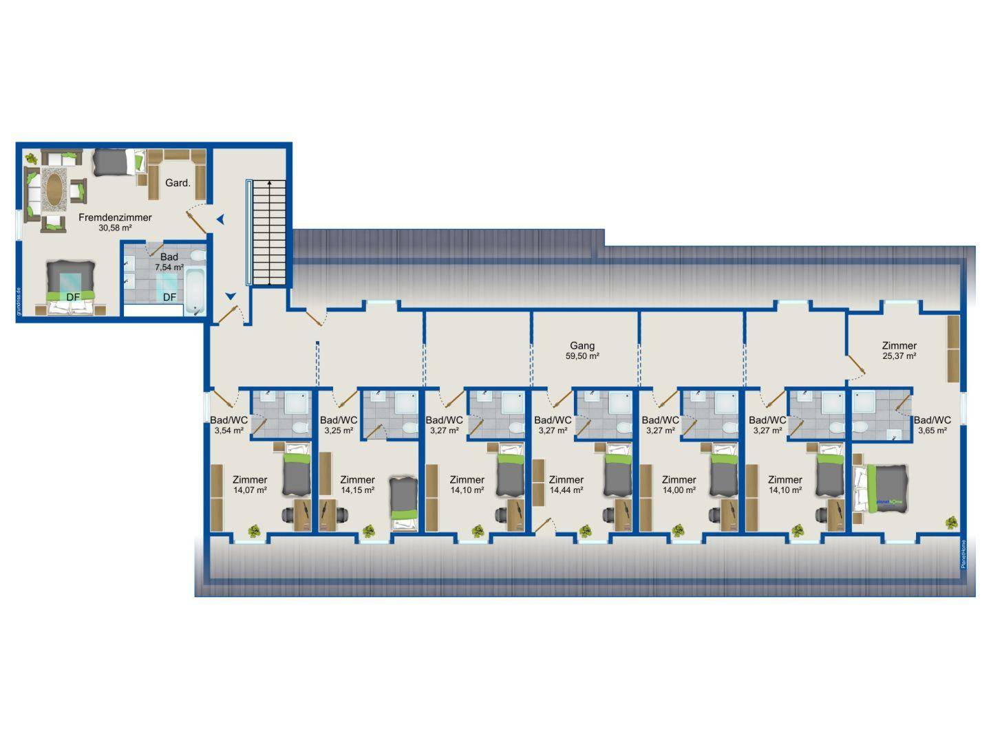 Grundriss des Dachgeschosses mit mehreren Zimmern und Bädern, sowie einem Fremdenzimmer.