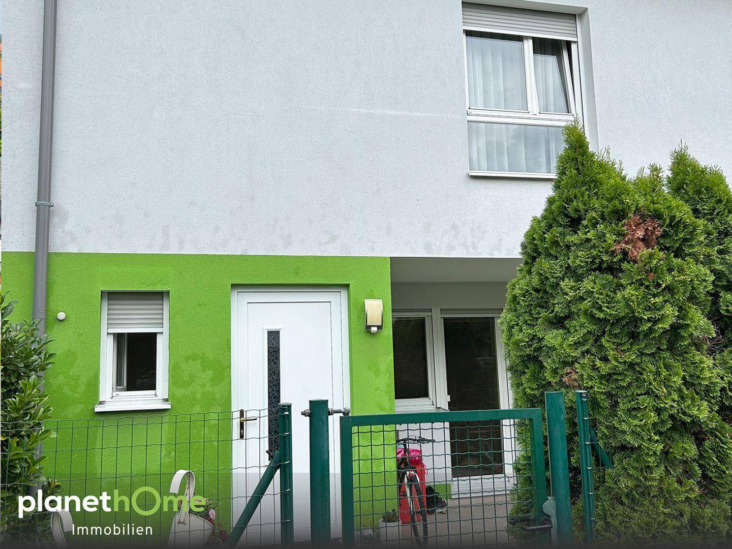 Moderne Hausfassade in Grün und Grau mit Eingangstür und Fenstern, umgeben von Sträuchern.