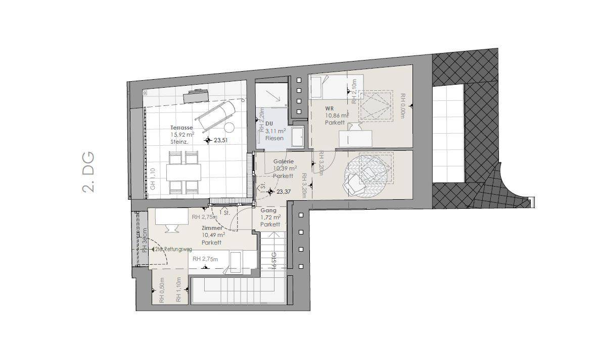 Grundriss des zweiten Dachgeschosses mit Schlafzimmer, WC, Wohnraum, Galerie und großer Terrasse.