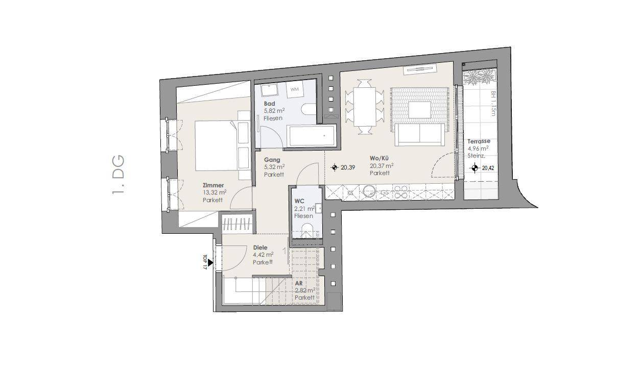 Grundriss des ersten Dachgeschosses mit Schlafzimmer, Bad, WC, offenem Wohn-/Kochbereich und Terrasse.