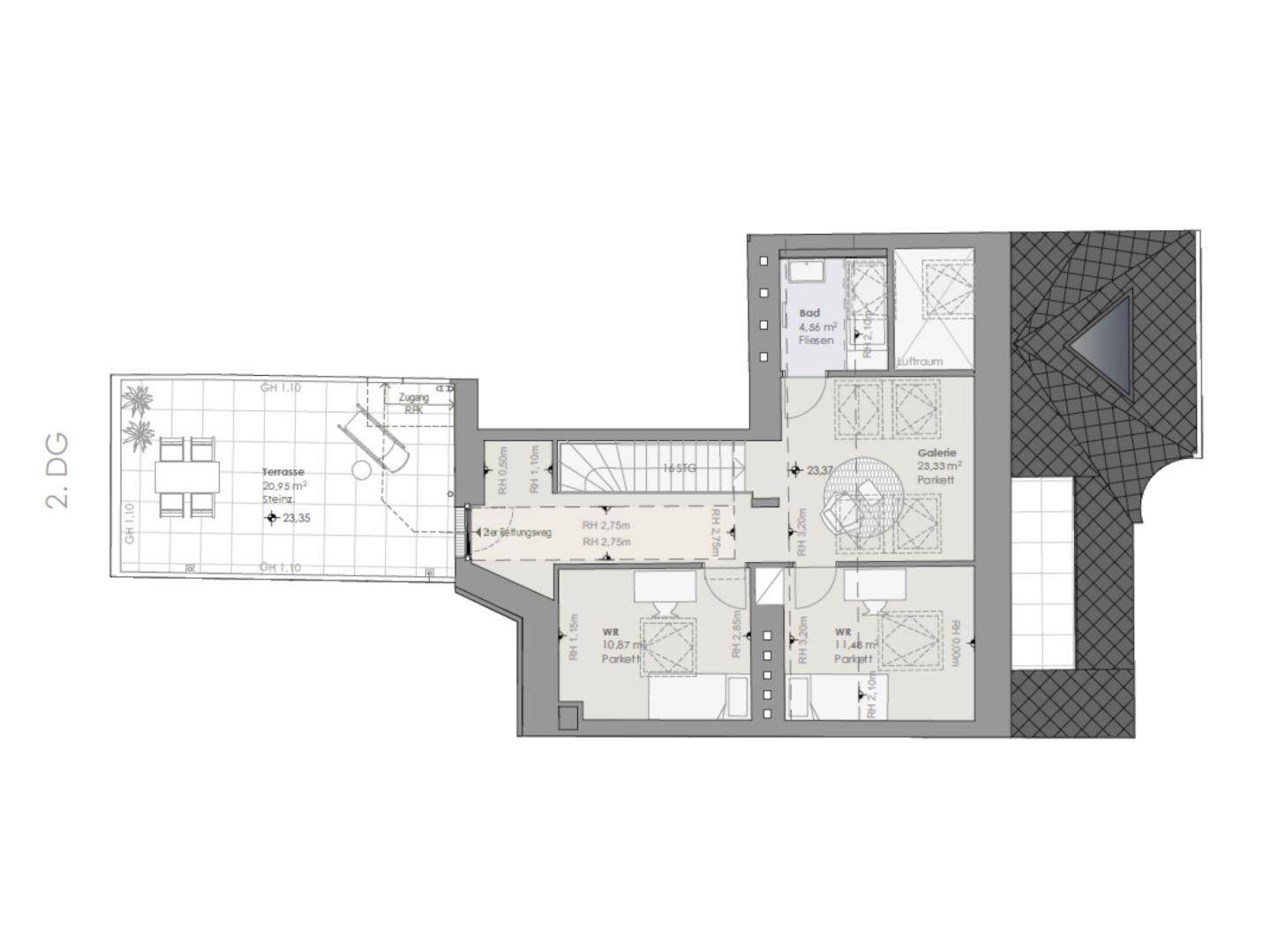 Grundriss des zweiten Dachgeschosses mit zwei Schlafzimmern, Badezimmer und Zugang zur Dachterrasse.