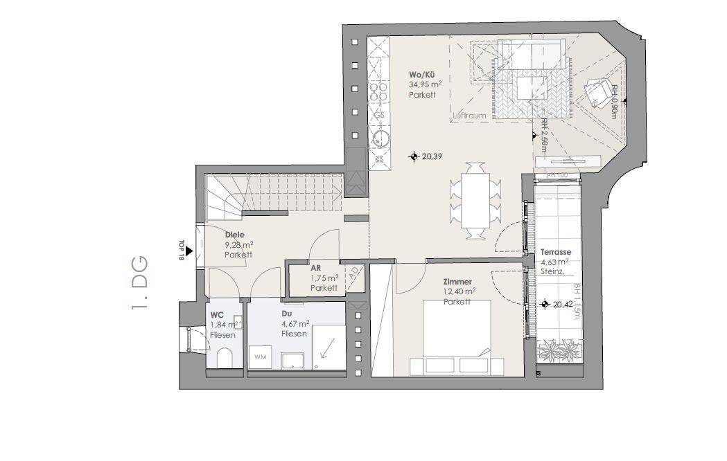 Grundriss des ersten Dachgeschosses mit offenem Wohn-/Kochbereich, Schlafzimmer und großer Terrasse.