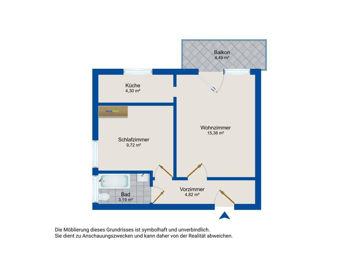 Grundriss einer Wohnung mit Schlafzimmer, Wohnzimmer, Küche, Bad und Balkon.