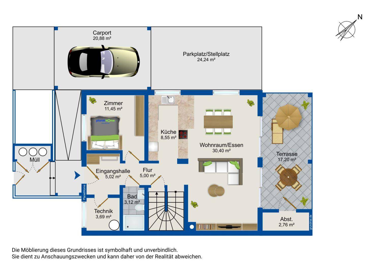 Grundriss des Erdgeschosses mit offenem Wohn-Essbereich, Küche, Zimmer, Bad und Terrasse.