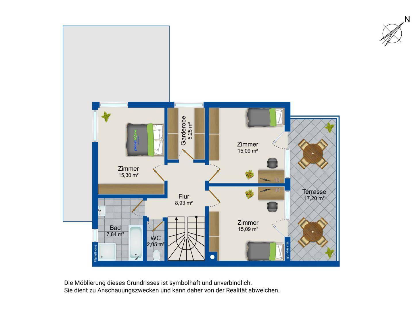 Grundriss des Obergeschosses mit drei Schlafzimmern, Bad, separatem WC und Terrasse.