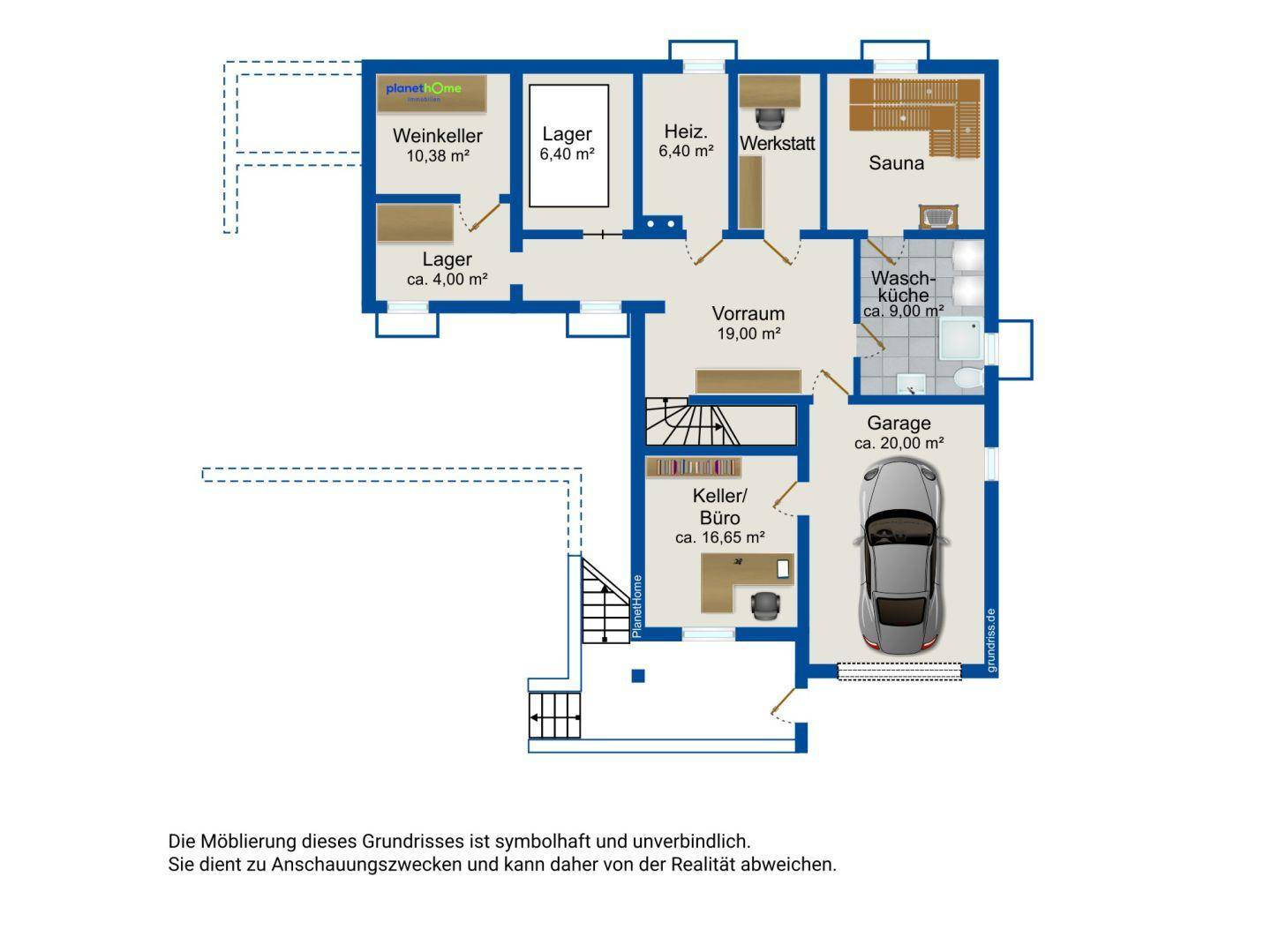 Grundriss des Kellergeschosses mit Weinkeller, Sauna, Waschküche und Garage.