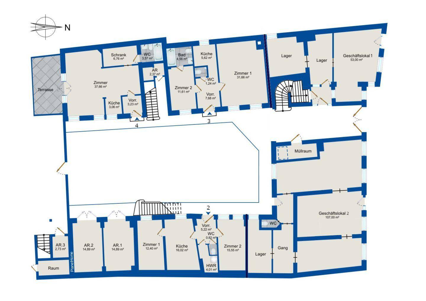 Detaillierter Grundriss des Erdgeschosses mit verschiedenen Zimmern und Geschäftsflächen.