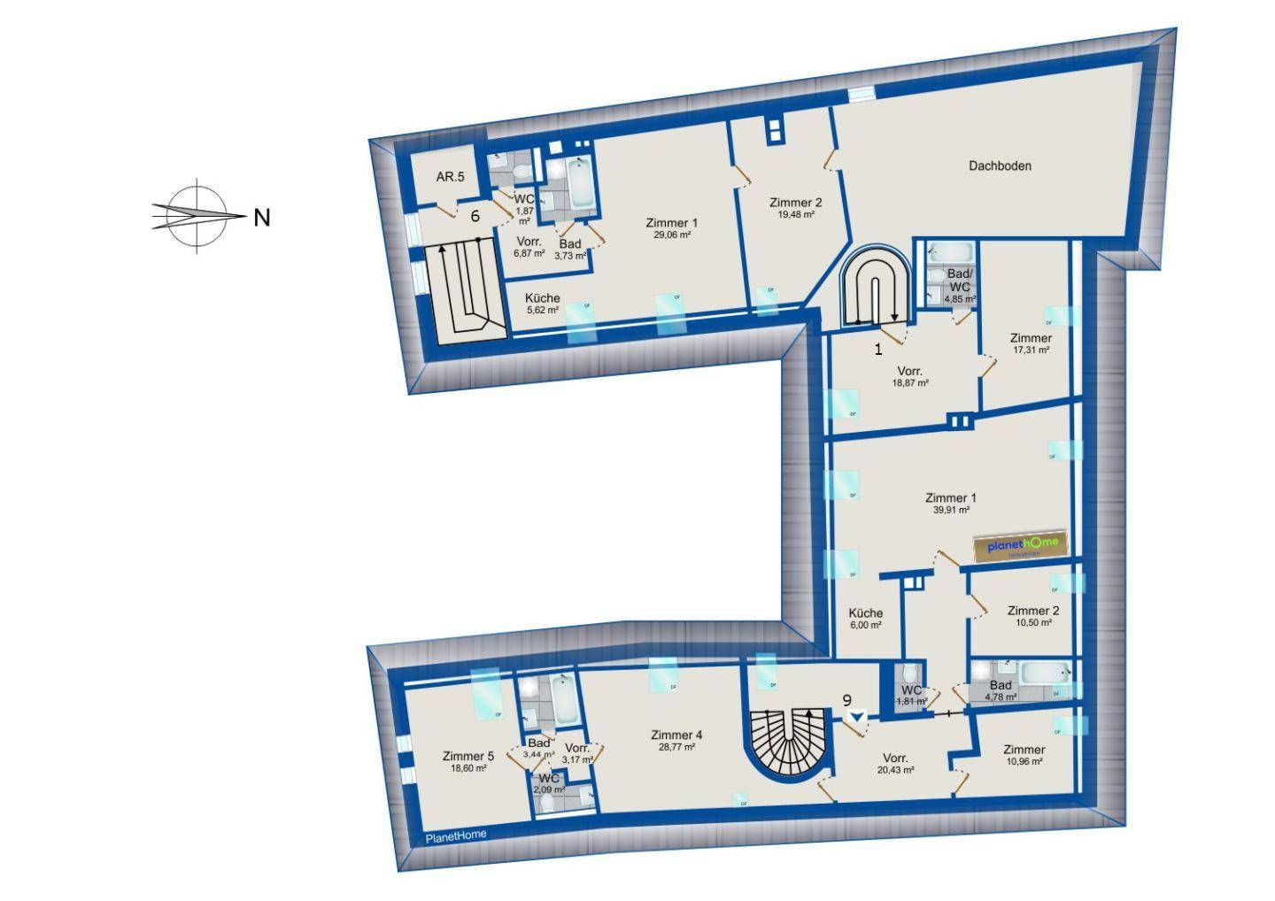 Detaillierter Grundriss einer Etage mit mehreren Zimmern, Bädern, Küchen und Dachboden.