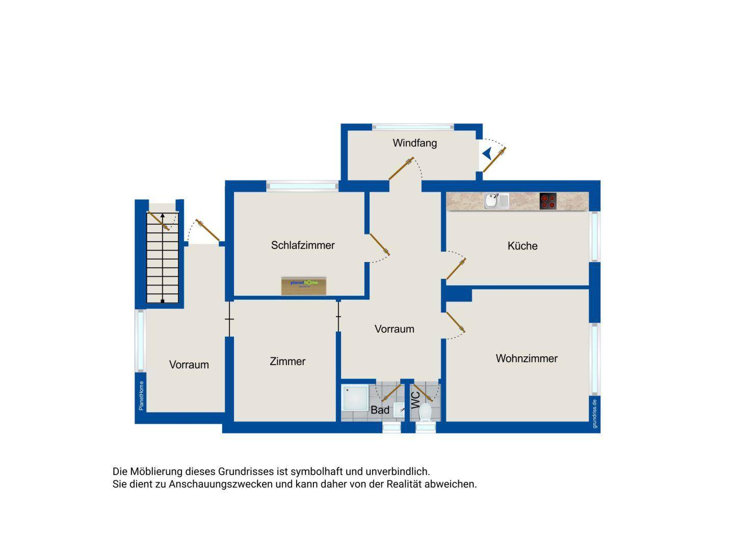 Grundrissplan mit Aufteilung in Schlafzimmer, Wohnzimmer, Küche und Bad.