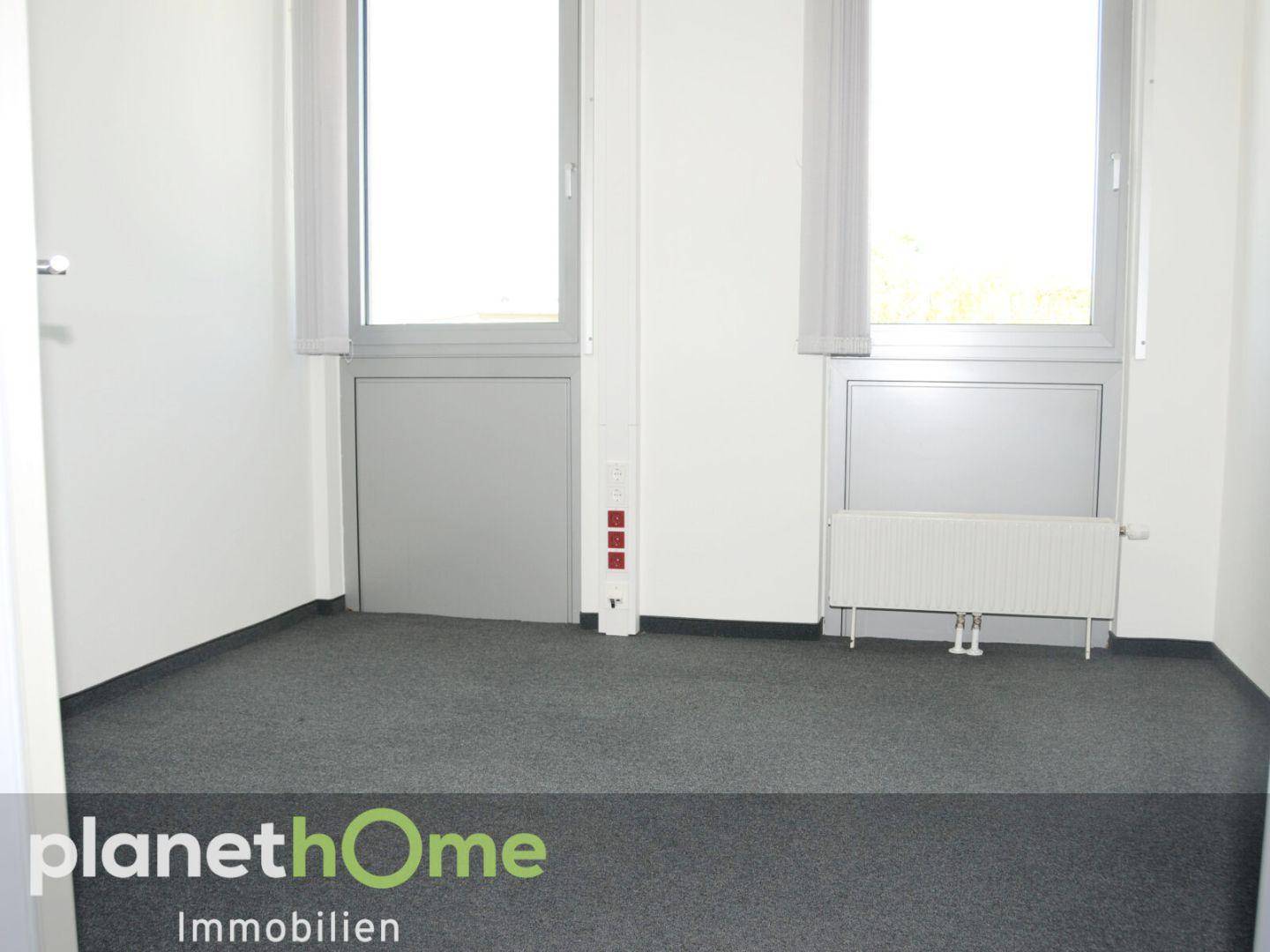 Leerer Raum mit Teppichboden und hohen Fenstern, ideal als Büro oder Arbeitsbereich.