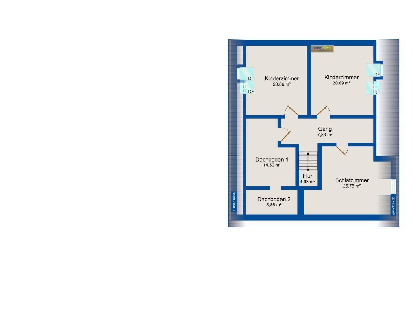 Grundriss des Dachgeschosses mit Kinderzimmern und Schlafzimmer.