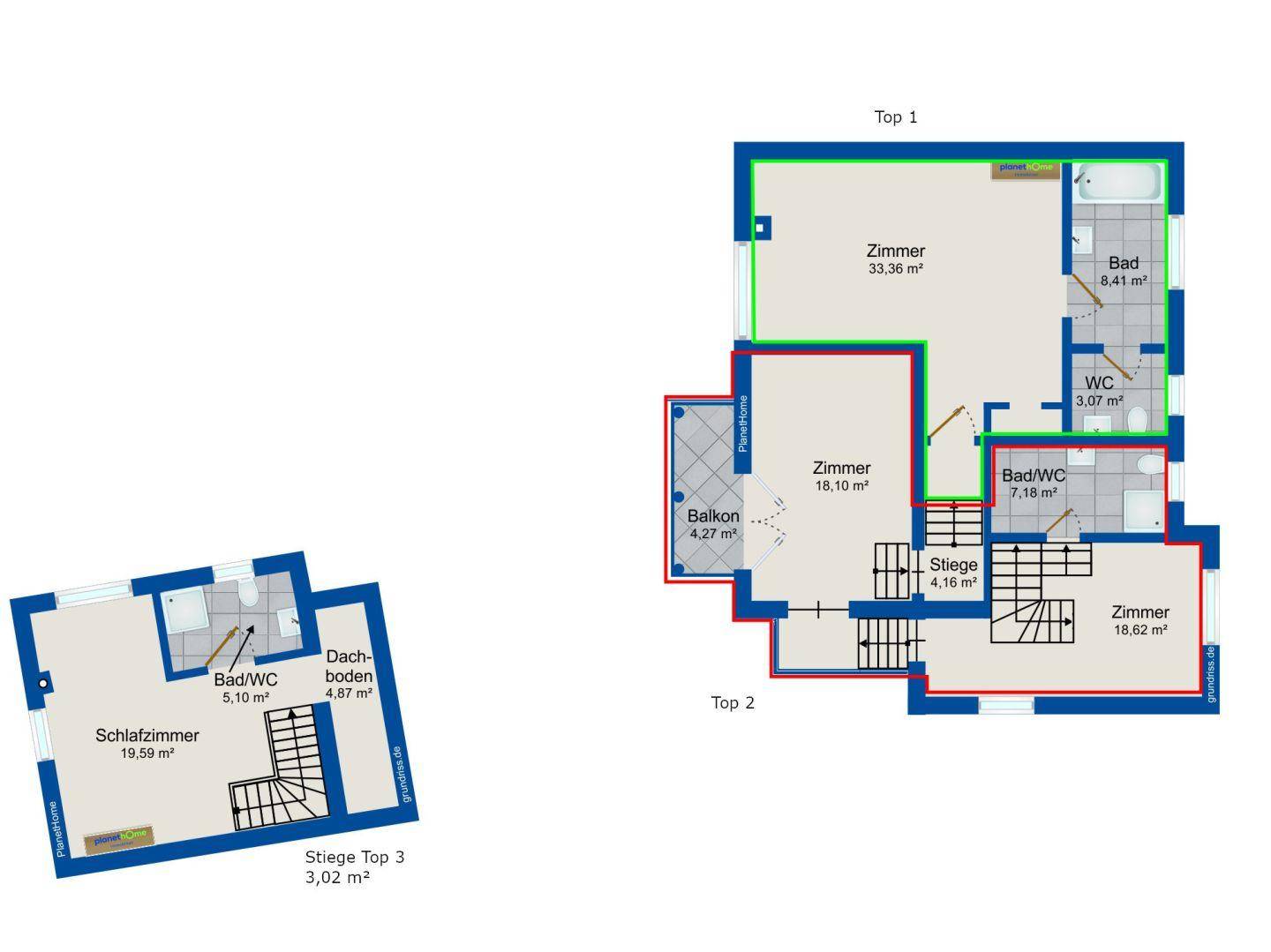 Grundrisse der Obergeschosse mit Schlafzimmern, Bädern und Balkon.