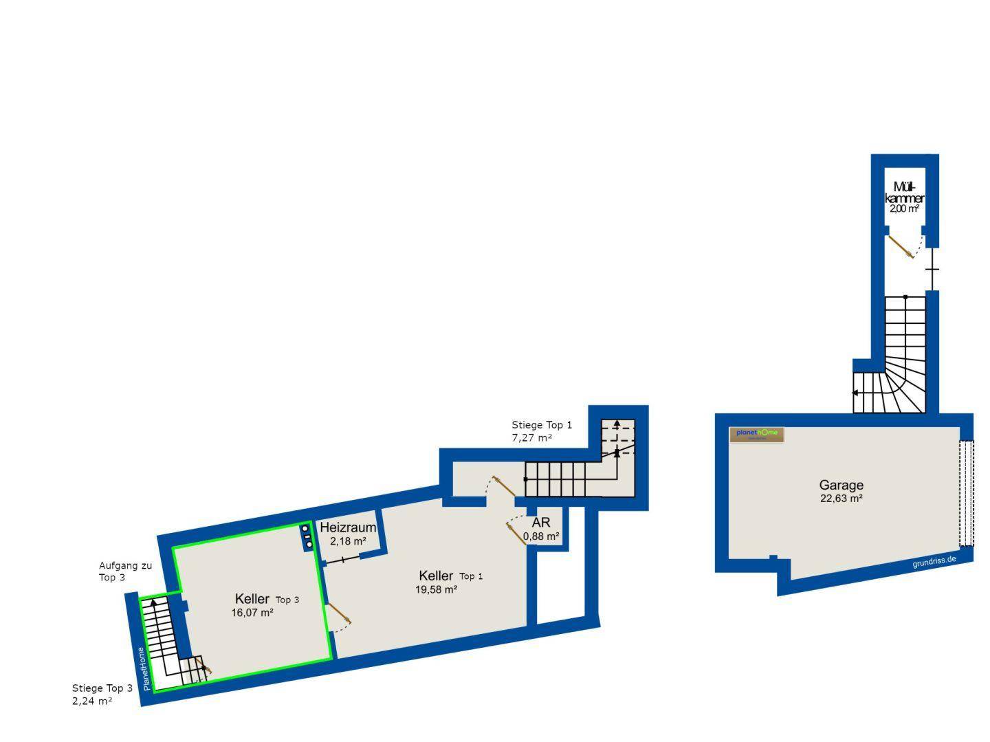 Grundriss des Kellers und der Garage mit Heizraum und Abstellräumen.