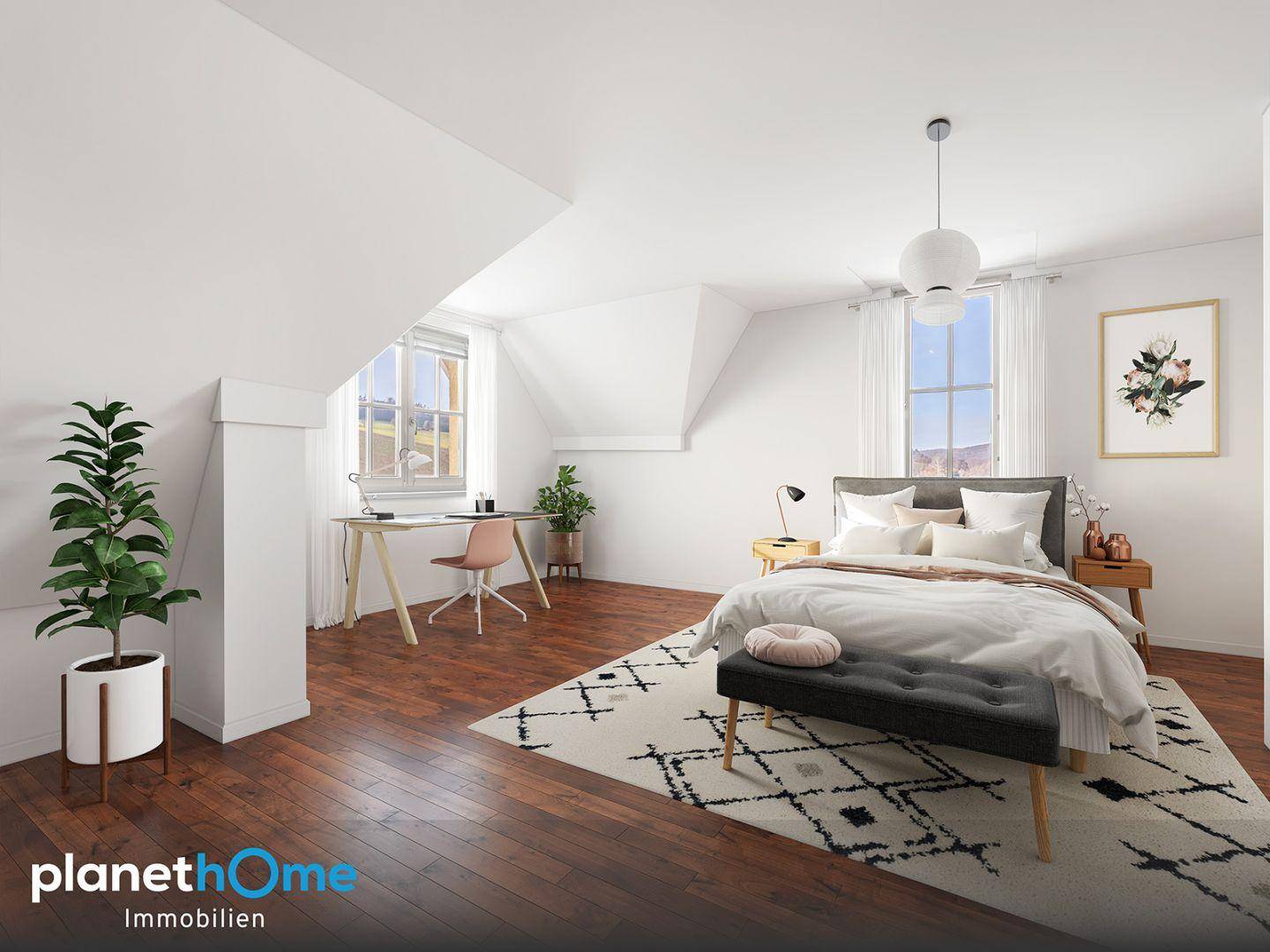 Virtuell inszeniertes Schlafzimmer im Dachgeschoss mit Holzboden und Schreibtischbereich.