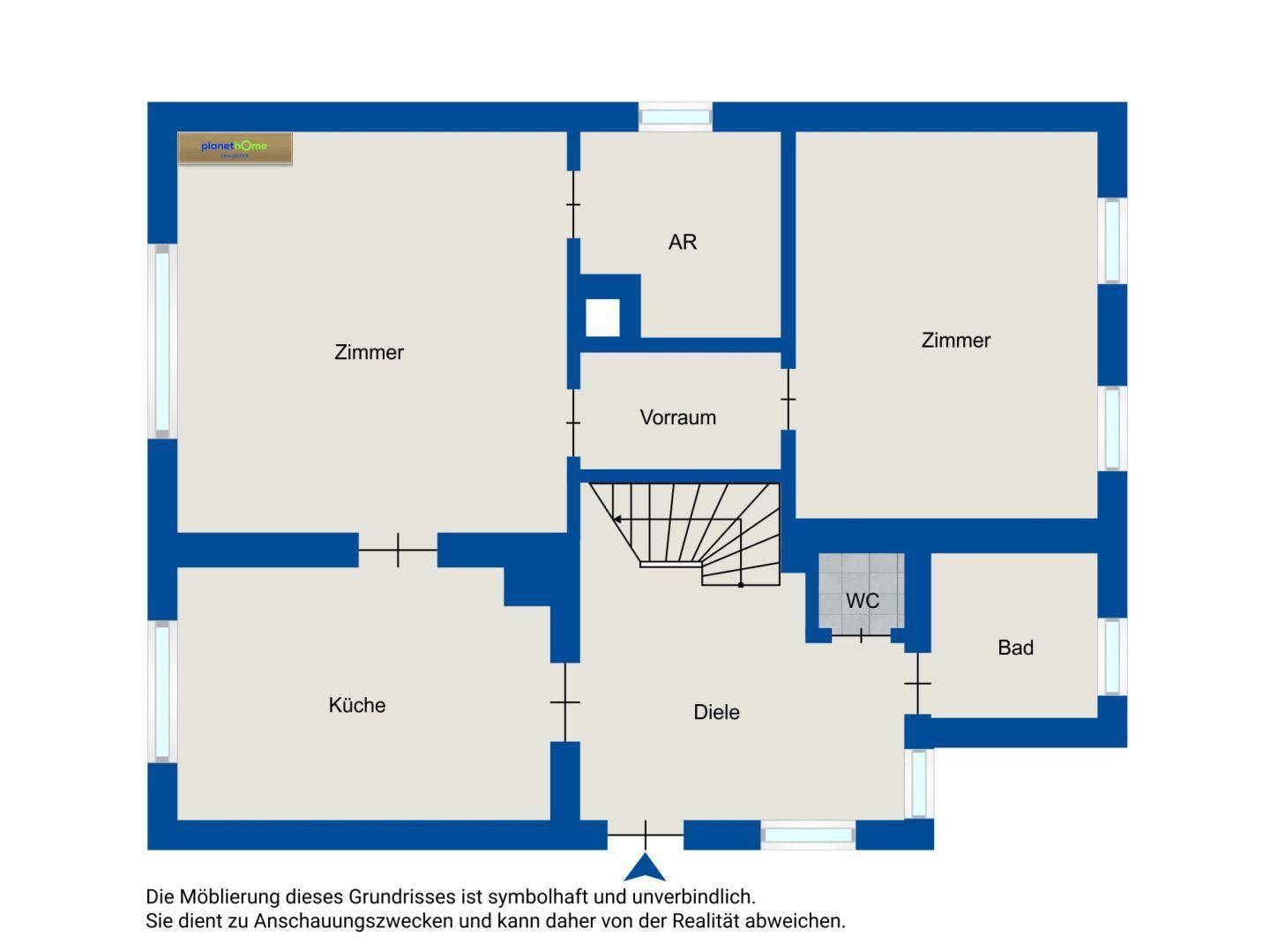 Grundriss des Erdgeschosses mit Küche, Zimmern, Diele, WC und Bad.