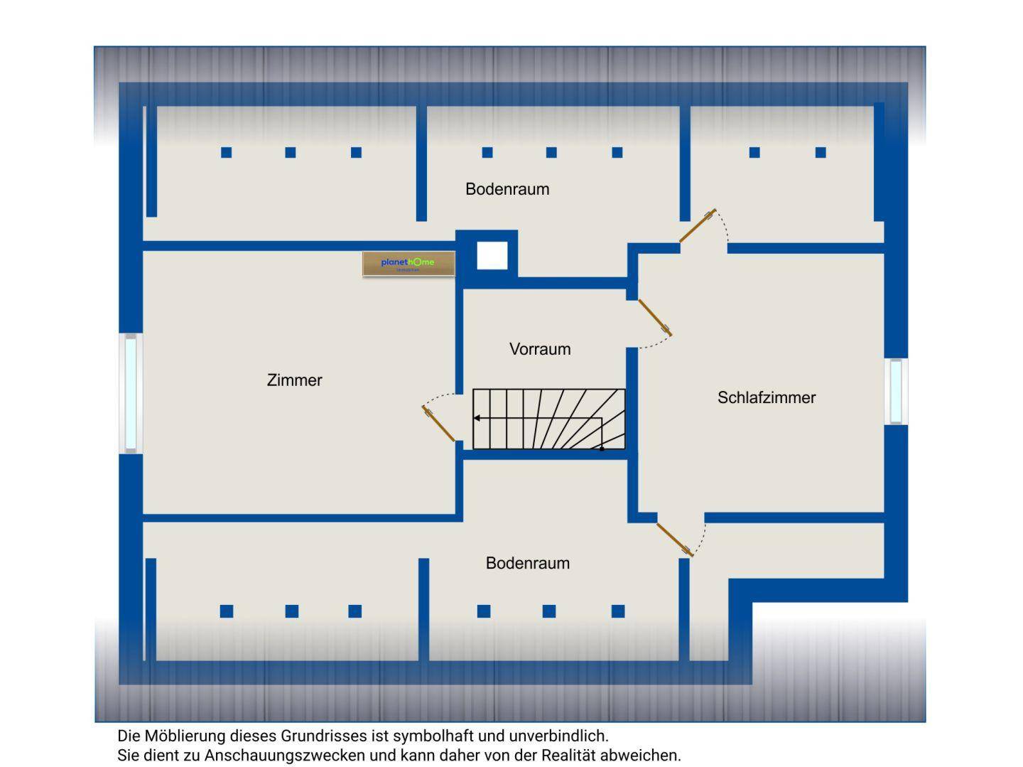 Grundriss des Obergeschosses mit Schlafzimmer, Zimmern und Bodenräumen.